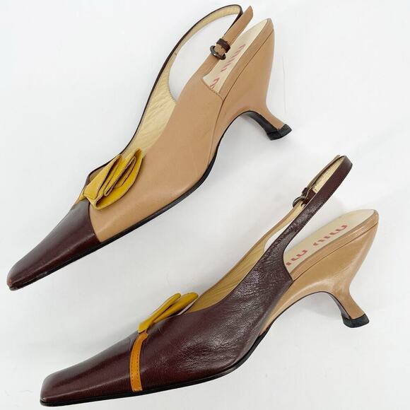 Miu Miu Vintage Tan Brown Yellow Flower Detail Square Toe Slingback Heel IT 40 - Picture 4 of 12